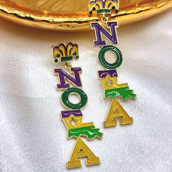 New NOLA Mardi Gras drop earrings - Picture 3 of 6